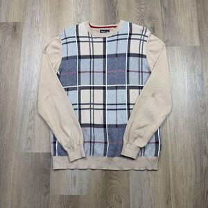 Barbour Sweater Mens Large Beige Plaid Dress Tartan Cotton Crewneck Pullover